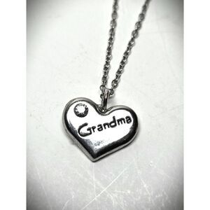 Heart Pendant Chain Necklace Grandma Rhinestone Silver Tone 26" Mother's Day